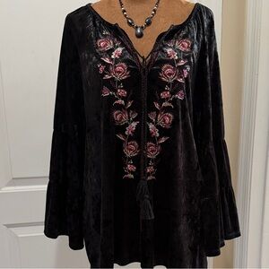Cupio Black Crushed Velvet Peasant Top with Floral Embroidery 3/4 Bell Sleeves